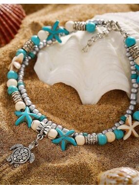 Blue Turtle Beaded Anklet - Handmade Multilayer Beach Jewelry